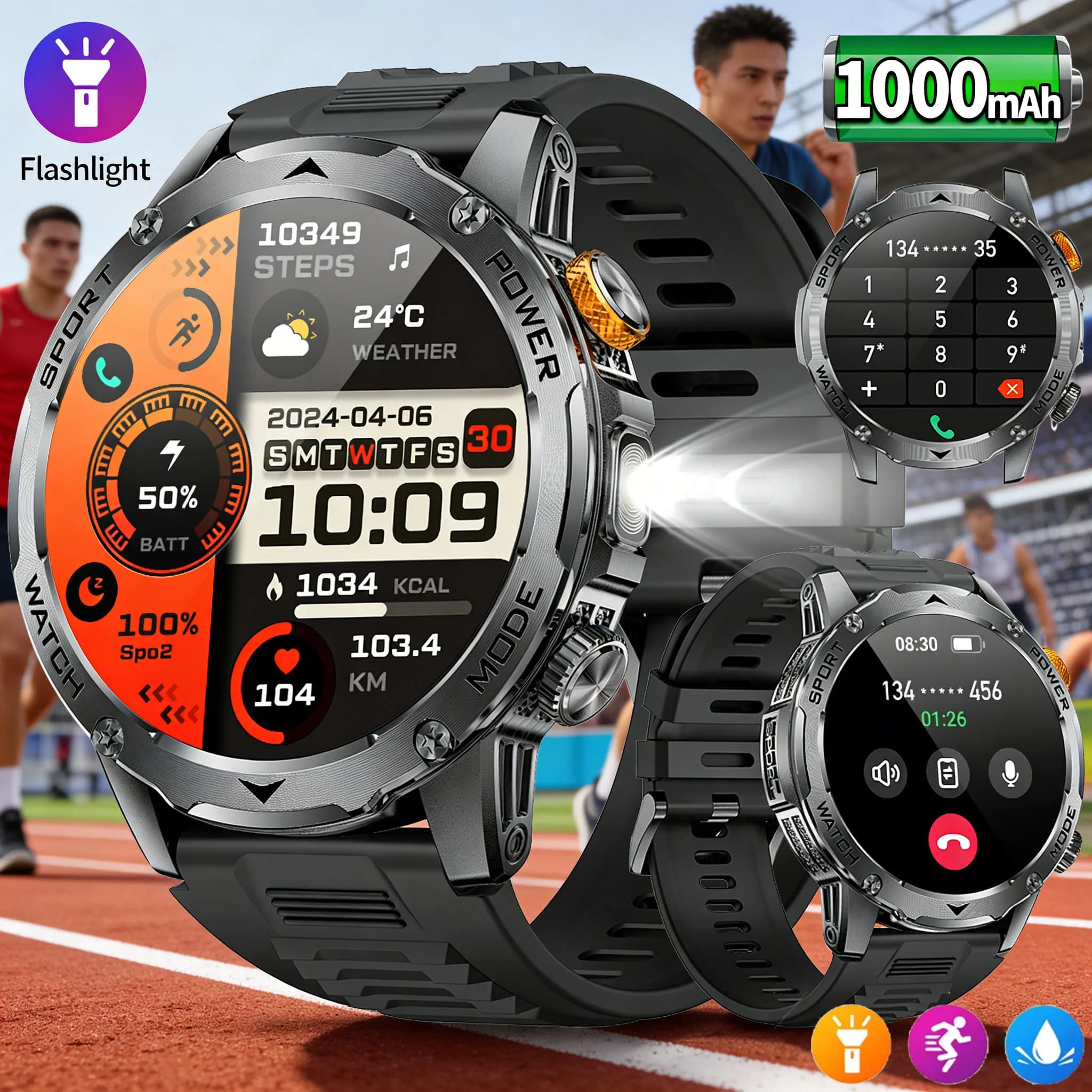 Nuovo Smartwatch Impermeabile con GPS, Batteria da 1000mAh, Schermo Grande da 1,7 Pollici, Chiamate Bluetooth, Torcia LED per Sport all'Aperto