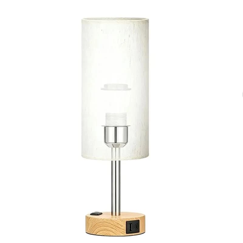 【FAMILY GATHERING】US Plug Touch Bedside Table Lamp, Dimmable Nightstand Lamp, Small Wood Desk Lamp With Ports And Outlet For Nur