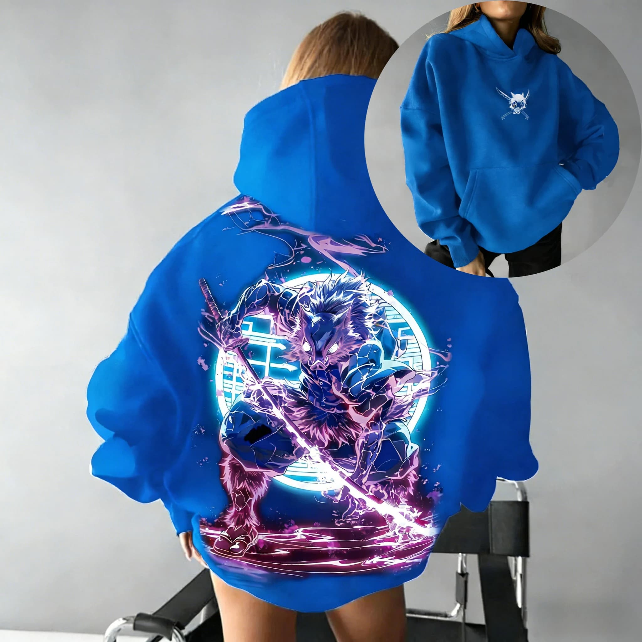 Demon Slayer Anime Cotton Hoodie Blue Color Character Print with Inosuke Hashibira Boar Mask Pattern and Purple Lightning