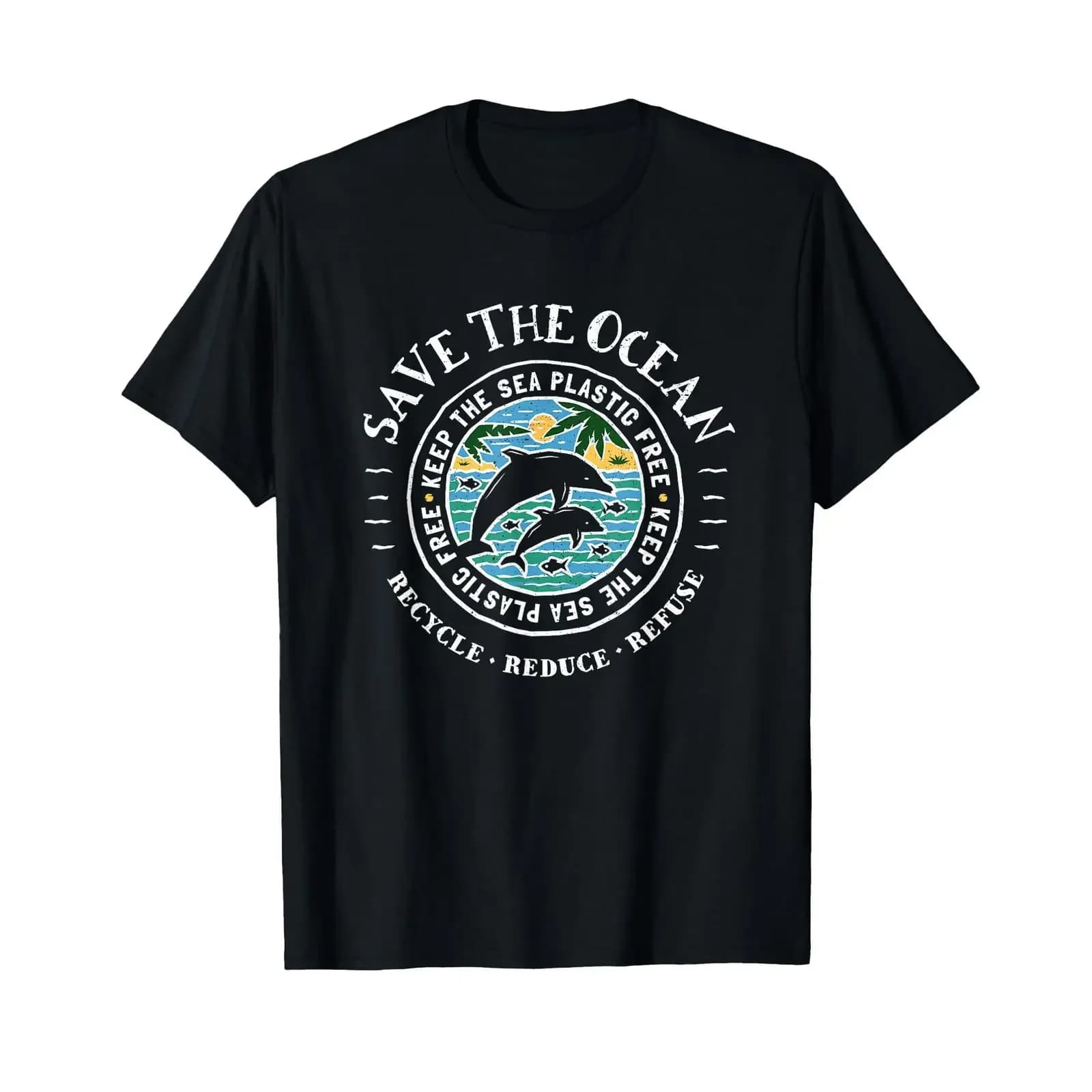 Save The Ocean Keep Sea Plastic Free Dolphin T Shirt black vintage Washed Soft Casual Stretched homme Unisex Slightly fashion