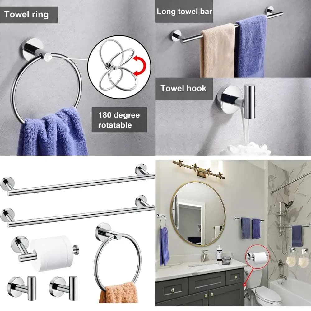 24 Set di accessori da bagno in cromo lucido, portasciugamani e portasciugamani in acciaio inossidabile, portasciugamani a parete
