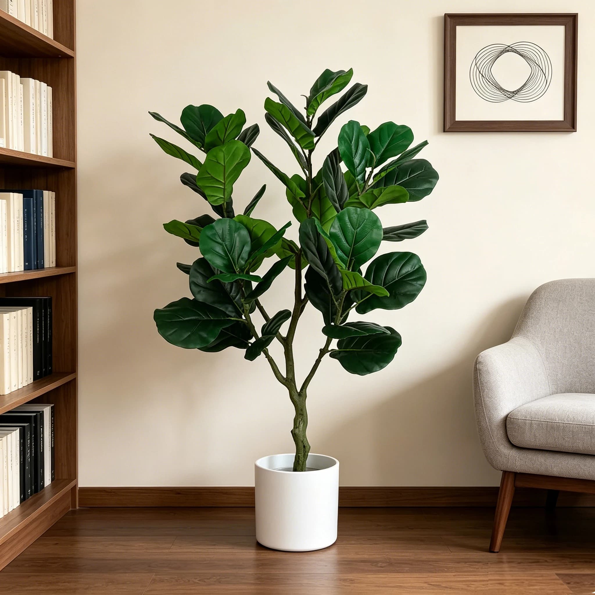 135cm Artificial Fiddle Leaf Fig Tree Premium Fake Ficus Lyrata Plant in Decorative Black Planter for Indoor Home Office Decor Housewarming Gift