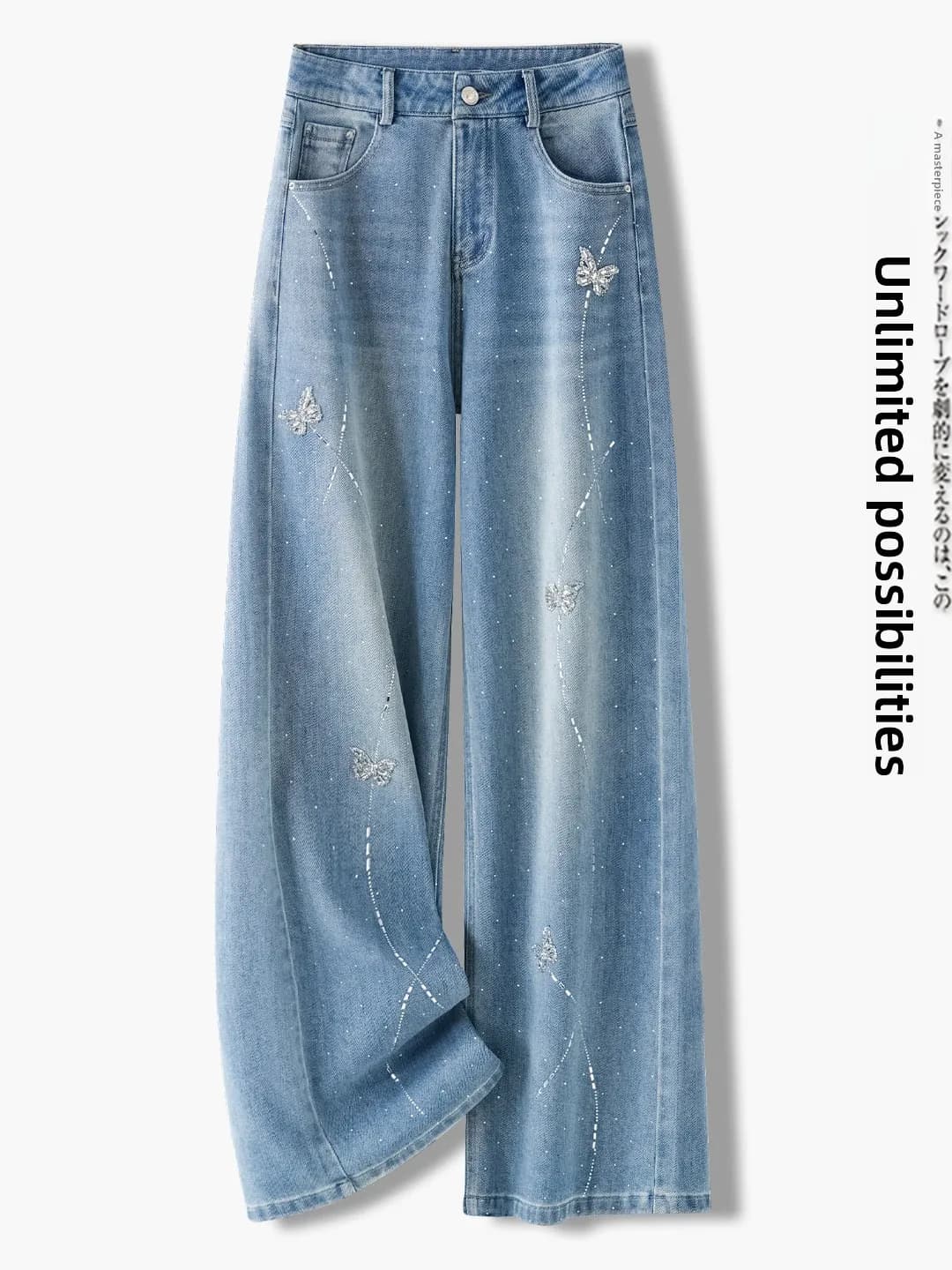 Jeans Eleganti a Vita Alta e Gamba Larga da Donna, Pantaloni Lunghi Snellenti con Strass, Moda Primavera 2026