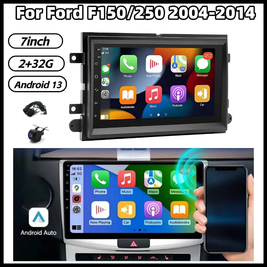 Autoradio 7 2+32G with GPS for Ford F150/250 2004-2014, Android 13, Carplay, Bluetooth, WiFi, FM/RDS, SWC