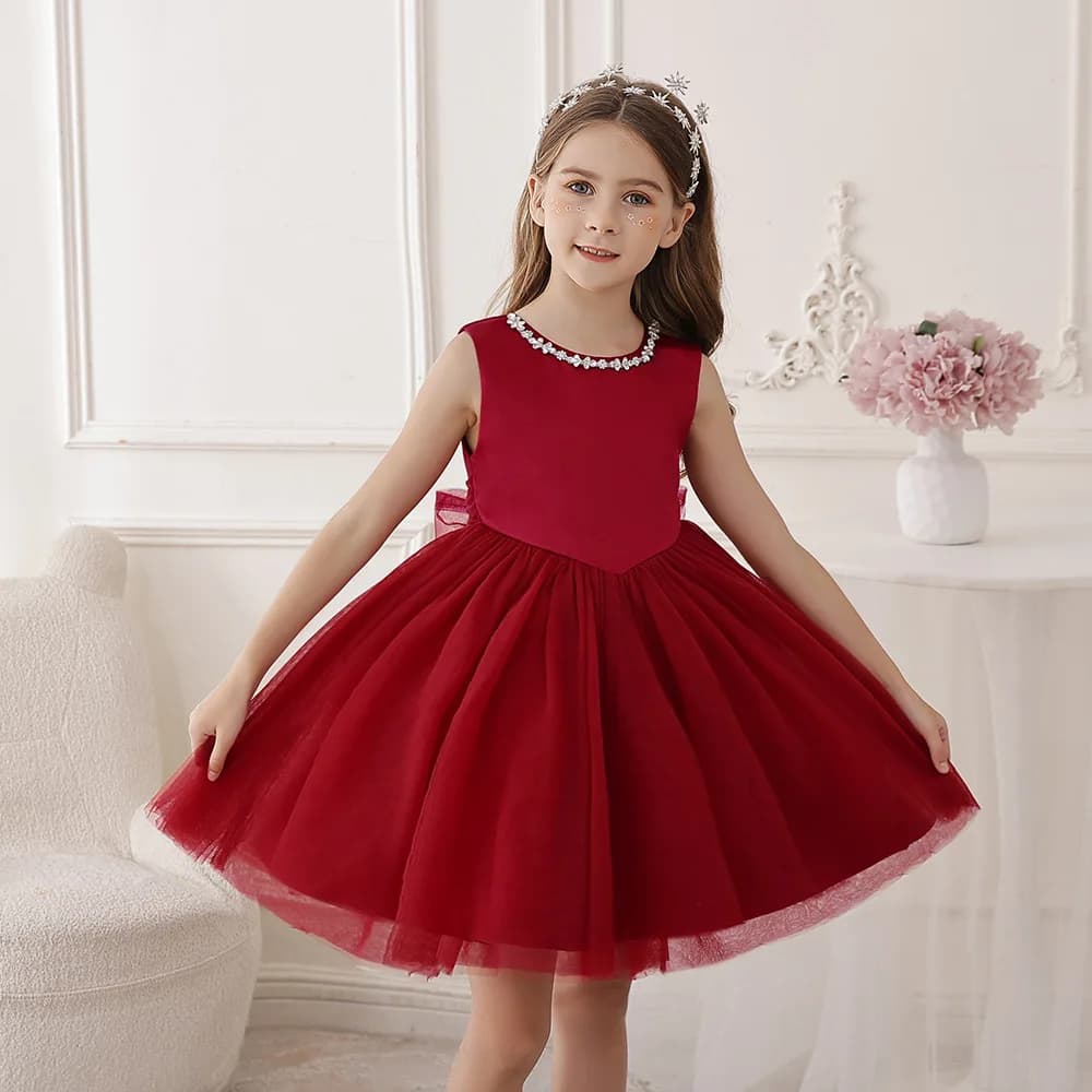 HETISO Collana di cristallo Rosso Natale Ragazza Bambini Abiti da ballo estivi formali Senza maniche Abito da cerimonia nuziale per anniversario di bambini