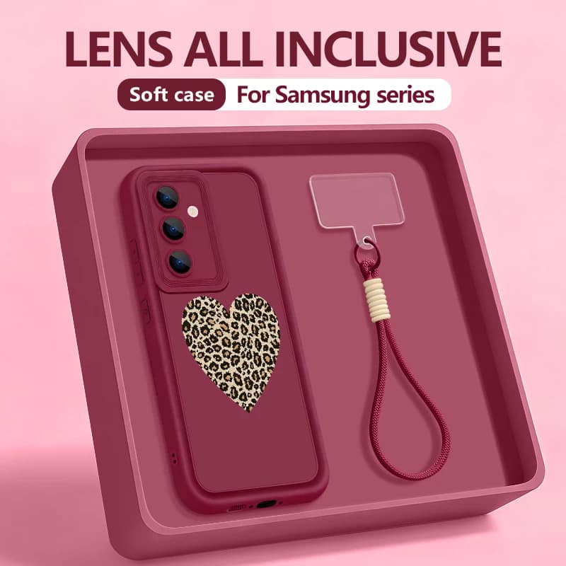 S25 Edge Heart Shaped Cord Case with Leopard Print for Samsung S24 Ultra S23 S22 S21 FE A17 A54 A15 A35 A55 A16 A26 A36 A56 5G Funda