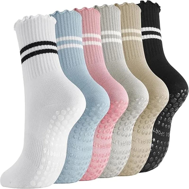 1 Pairs Stripe Ruffle Pilates Grip Socks for Women, Striped Non-Slip Yoga Socks, Grippy Barre Workout Socks for Ballet