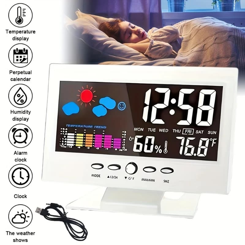 Multifunction Digital Alarm Clock with Weather Forecast Thermometer Calendar Display USB Powered Autoech Snooze Mechanical Butto