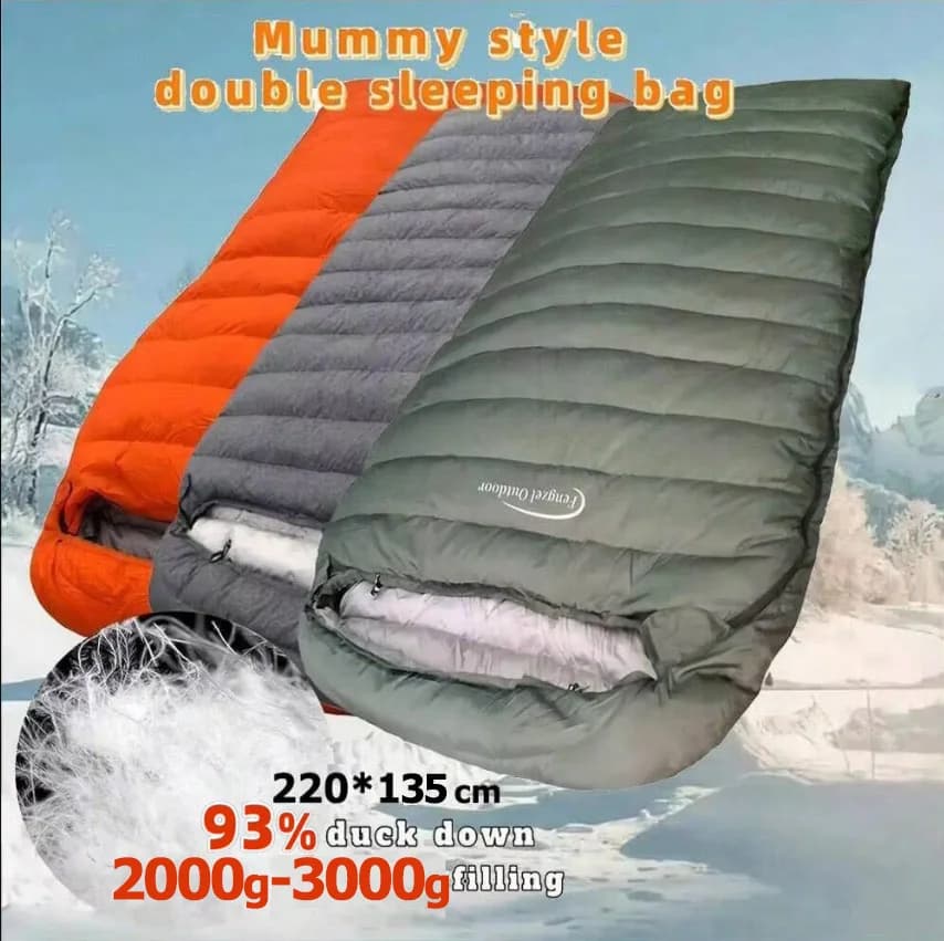 Campeggio all'aperto, stile mummia, sacco a pelo doppio, ripieno al 93% piuma d'anatra da 2000 g, addensato, resistente al freddo e caldo, per dormire per adulti