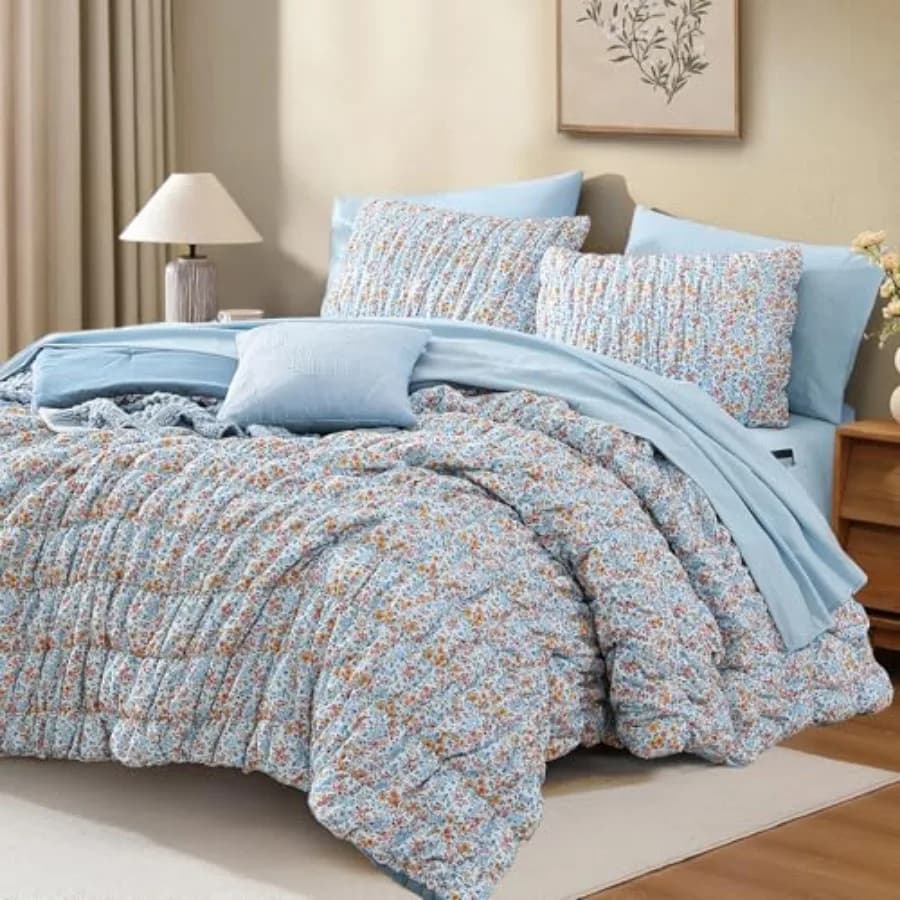 Set Copripiumino - 7 Pezzi Blu Classico con Motivi Floreali, Set Biancheria da Letto per Tutte le Stagioni, Stile Shabby Chic Farmhouse con Wildflo