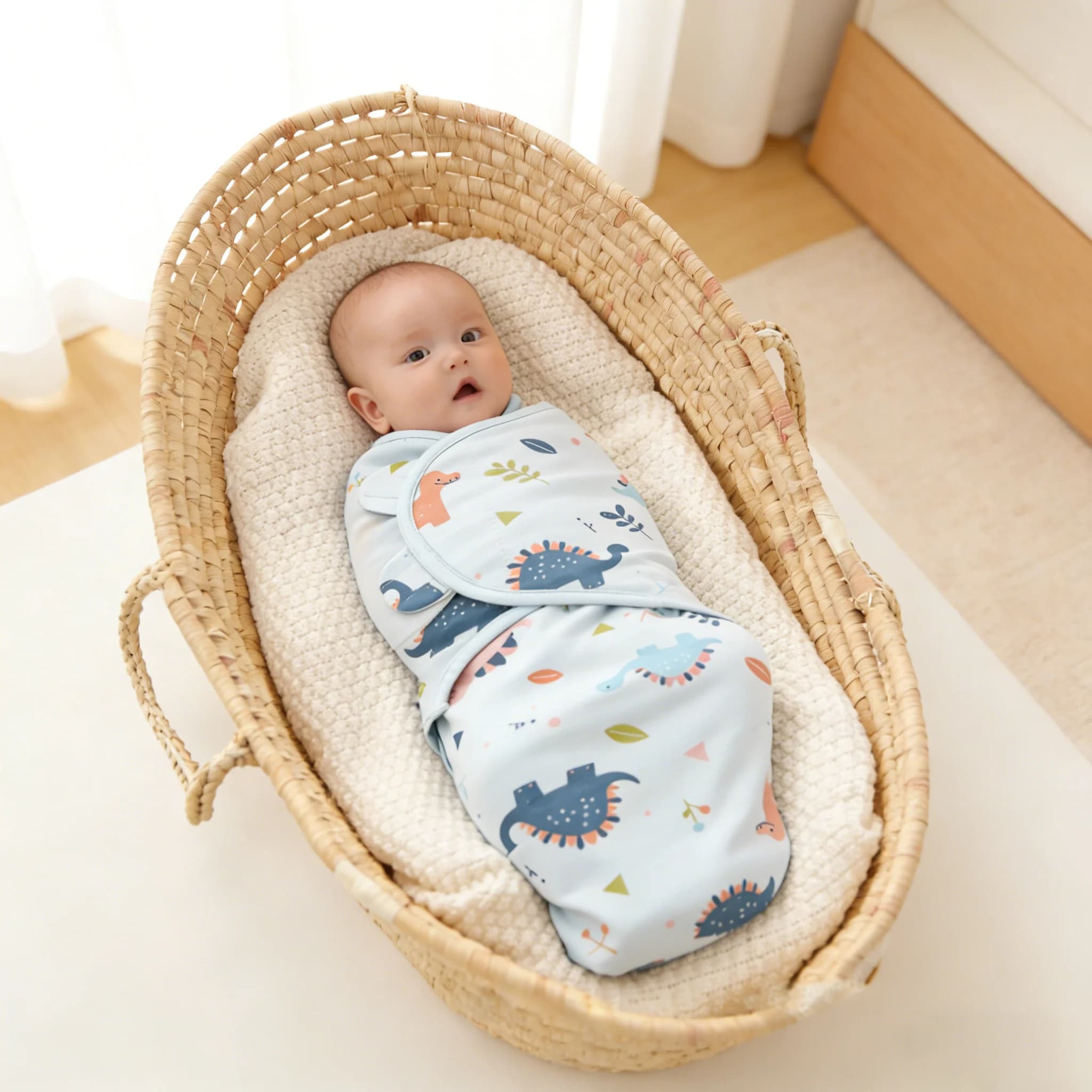 Anti-shock cotton wrapper for babies 0-4 months, unisex, with dinosaur print.