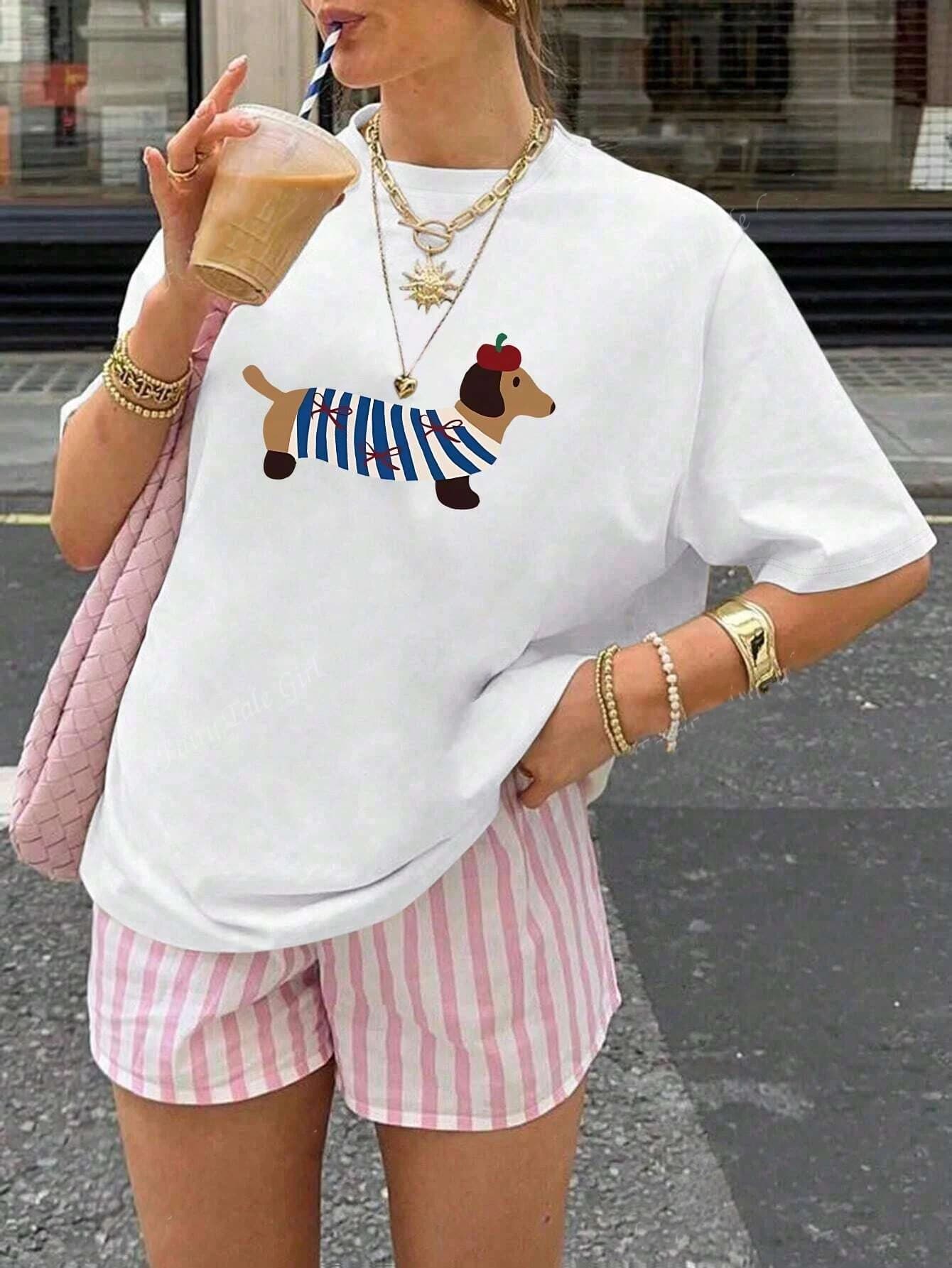 Divertente maglietta in cotone stampato con cane salsiccia T-shirt estiva da donna per il tempo libero a casa da viaggio girocollo comoda e traspirante Y2k Top