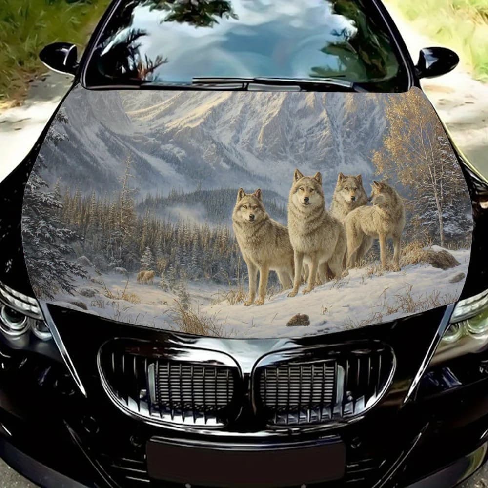 Wolf Pack in Snow Art PVC Car Vinyl Wraps, Self-Adhesive Waterproof Car Hood Decal Sticker, Car Decoration Protection Stickers f