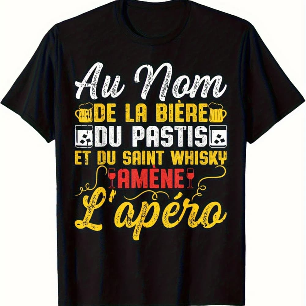 Divertente T-Shirt Francese con Birra e Pastis per Uomo, Maglietta Grafica 'Au Nom De La Biere Et Du Pastis' Nera, Regalo Casual con Motivo Birra e Boccale