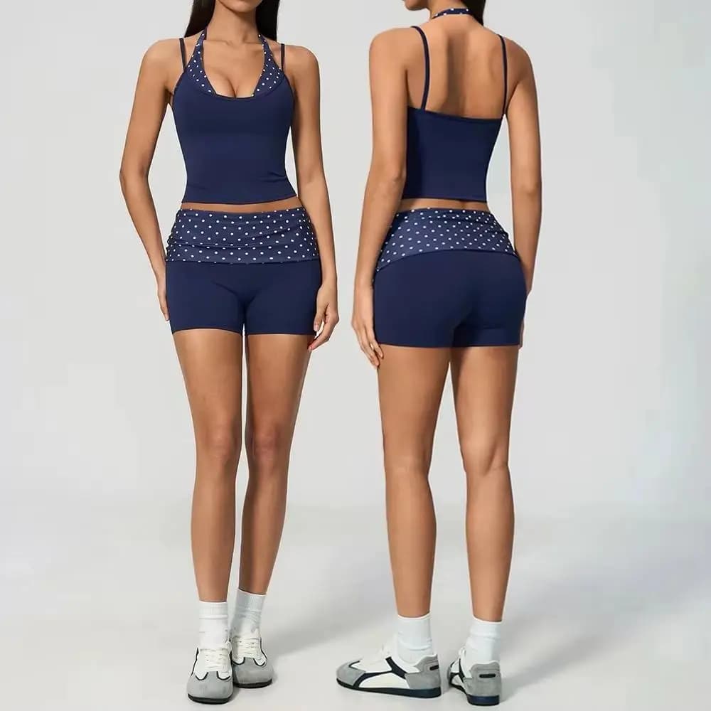 Women's 2 Piece Yoga Set Padded Halter Neck Longline Top Fold Over Waistband Polka Dot Striped Biker Shorts Suit Workout Outfits