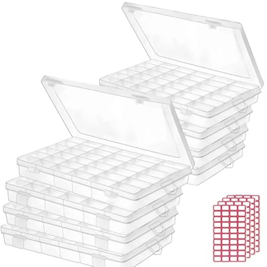 Pack of 36 transparent plastic containers with adjustable dividers for the preservation of beads, jewelry, fishing gear and other objects.