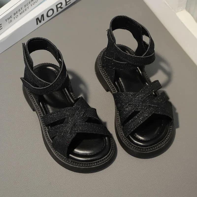 Sandali da bambina con glitter, cinturino e plateau spesso, punta aperta, chiusura in velcro alla caviglia, calzature casual per tutti i giorni, neri, taglie 26-37
