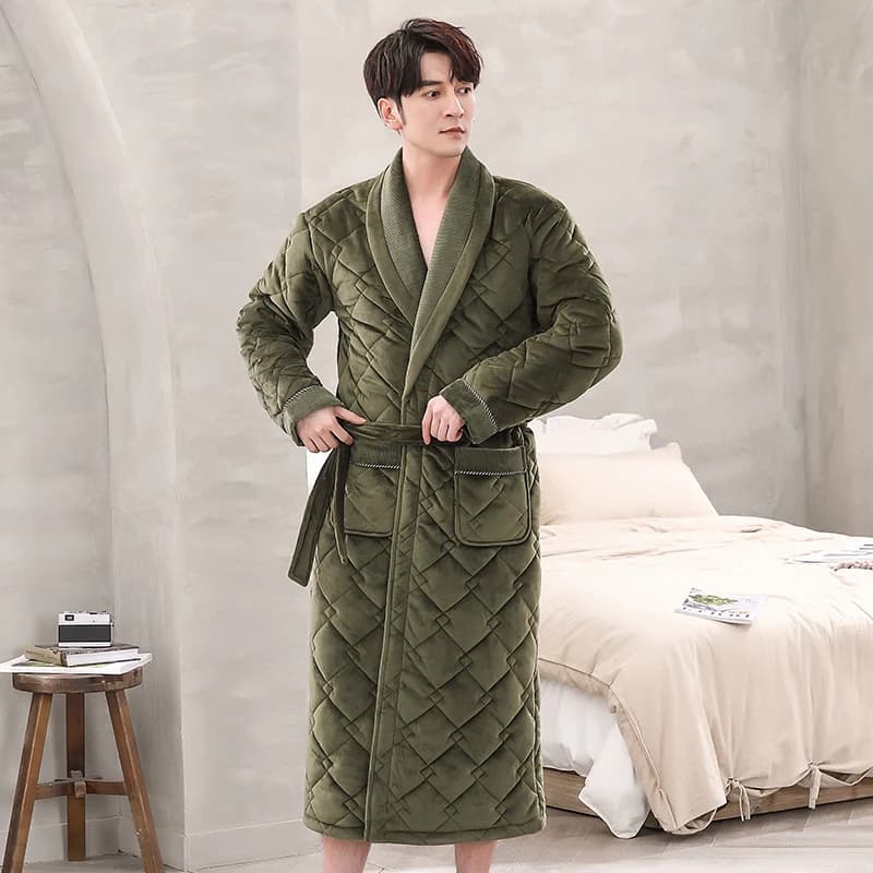 Men Casual Kimono Winter Bathrobe Three Layers of Flannel Quilted Long Dress Thickness Of Nightwear Big Meters Night Shirt Maschile Clothing For Home