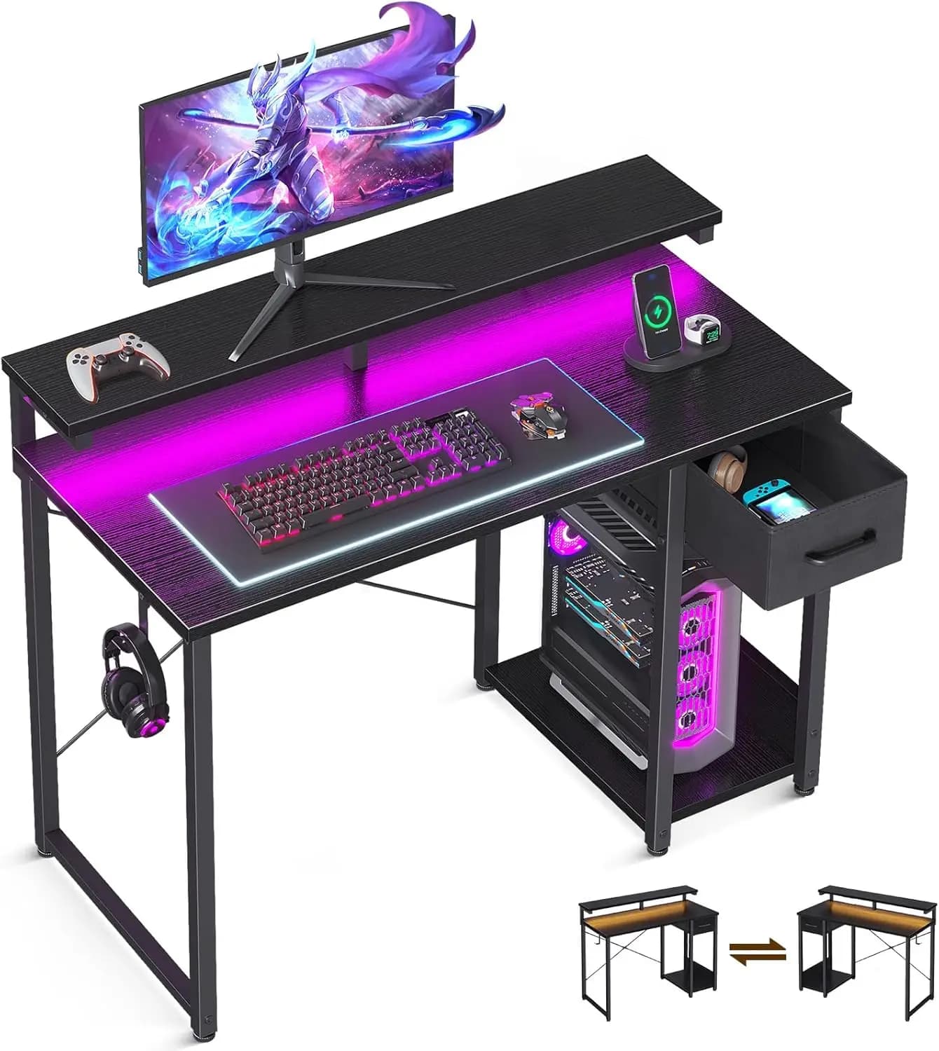 Scrivania per Computer Reversibile Compatta con Luci LED, Cassetti, Supporto Monitor e Gancio per Cuffie per Casa e Camera da Letto