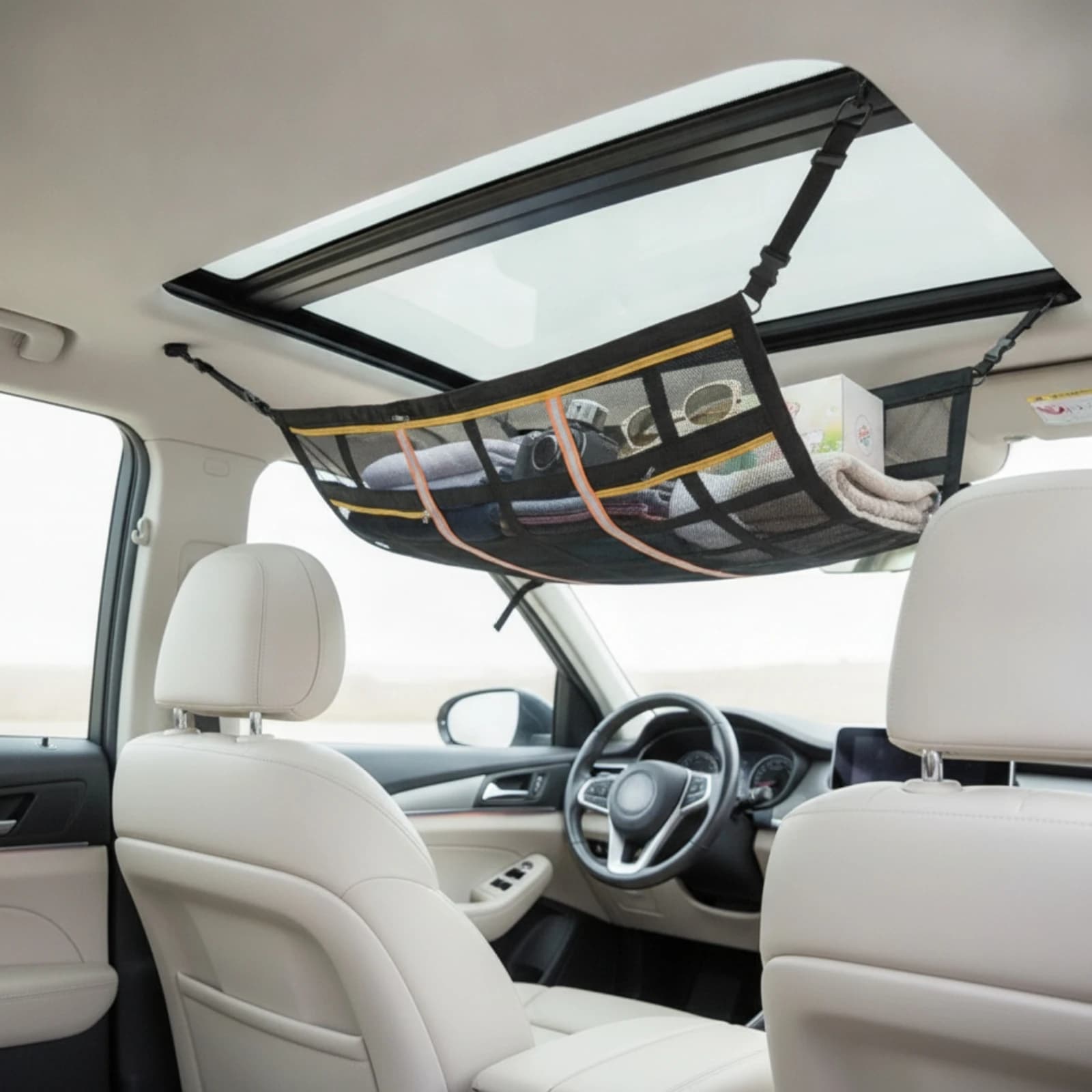 Car Ceiling Cargo Net Adjustable Car Roof Storage Net Overhead Mesh Organizer Large Capacity Secure for Travelers, Road Trips