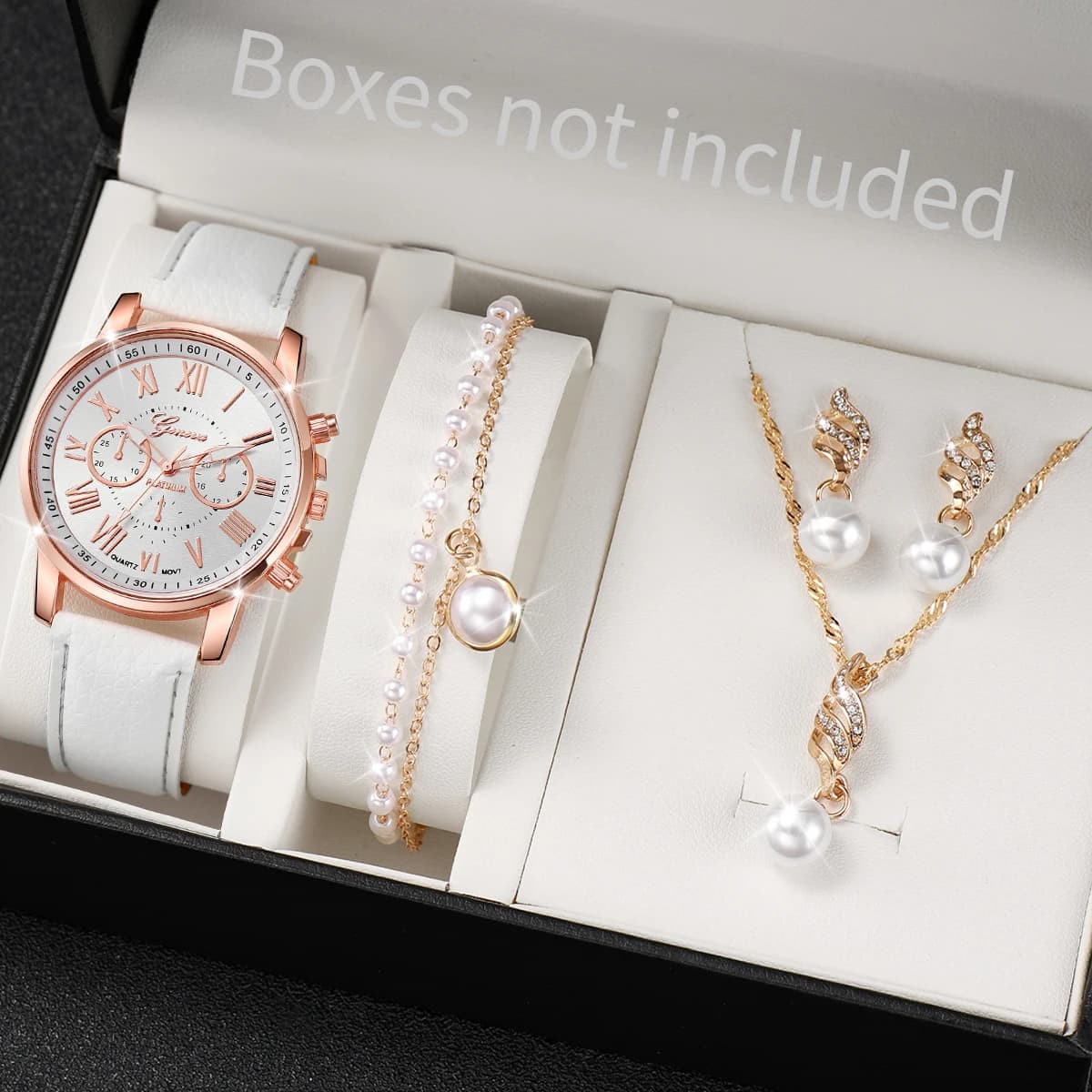 3/5 pezzi orologio da donna moda quadrante Roma cinturino in pelle orologi al quarzo set di gioielli con perle (senza scatola)