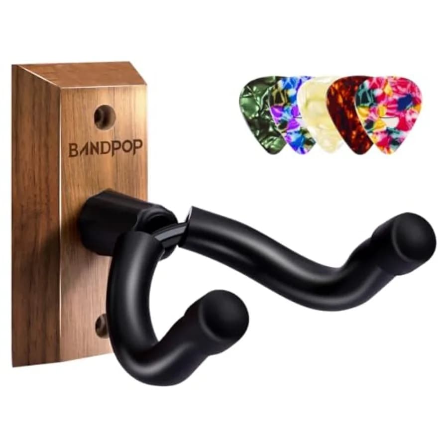 Supporto da Parete per Chitarra Bandpop - Appendi Chitarra in Noce Nero con 5 Plettri per Chitarra Acustica, Elettrica, Basso, Banjo, Mandolino