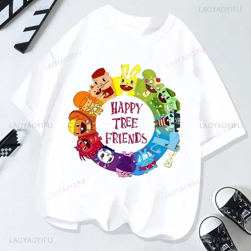 T-shirt Happy Tree Friends in stile Kawaii, simpatico design con grafica dei personaggi, a maniche corte, oversize, casual, divertente, stile Y2K.
