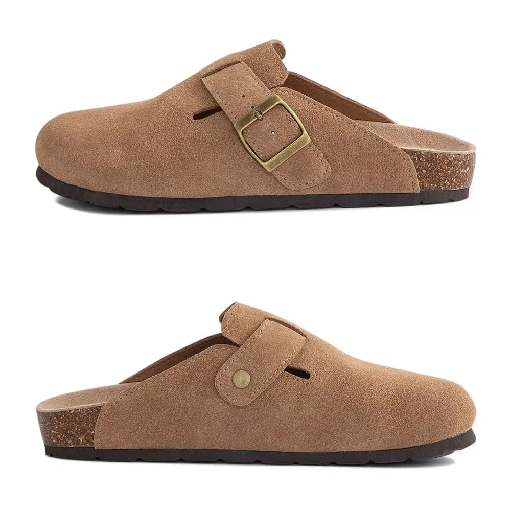 New Women's slippers with cork sole, Mules Low Fashion in Vacchetta Suede Leather with Adjustable Buckle, Men's Leather Shoes, Beach Sandals