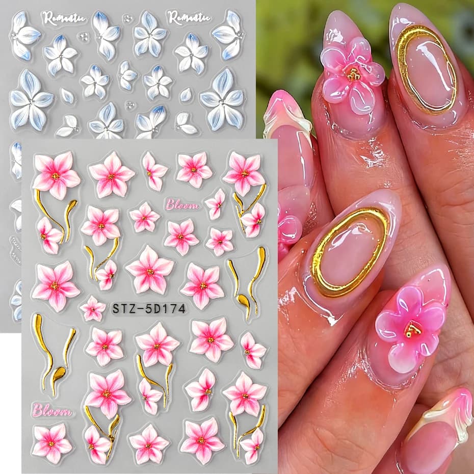 2pcs Pink Florals Nail Art Stickers 3D Decals Blue Flower Spring Summer Nail Art Sticker Decoration Sliders Manicure Accessories