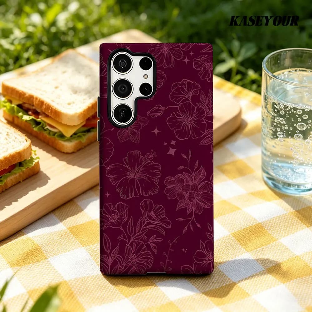 Custodia per telefono Samsung Galaxy Burgundy Blooms S23 A57 S20 S25 FE S26 Plus S24 Ultra A56 A37 2-IN-1 Antiurto