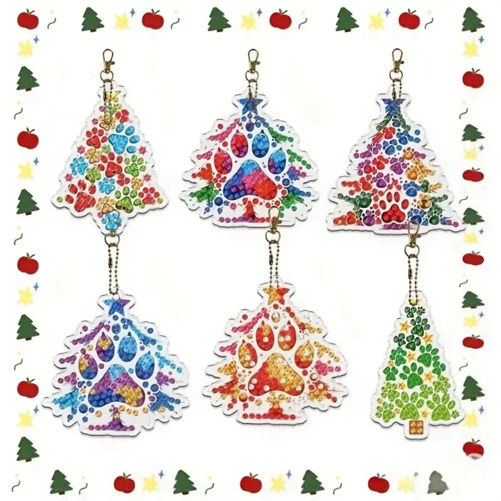 6pcs/Set DIY Christmas Tree Pattern Diamond Painting Keychain, DIY Mosaic Craft Kit Suitable for Beginners, Women's Backpack Pen