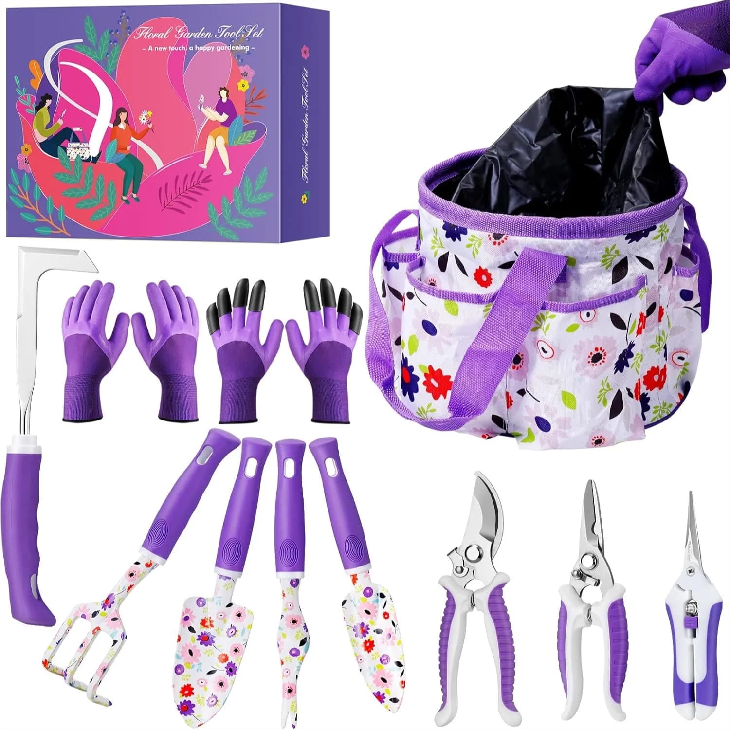 Set di Attrezzi da Giardinaggio Floreale Viola, Kit di Forbici da Potatura Resistenti con Borsa Portaoggetti, Regalo per Donne