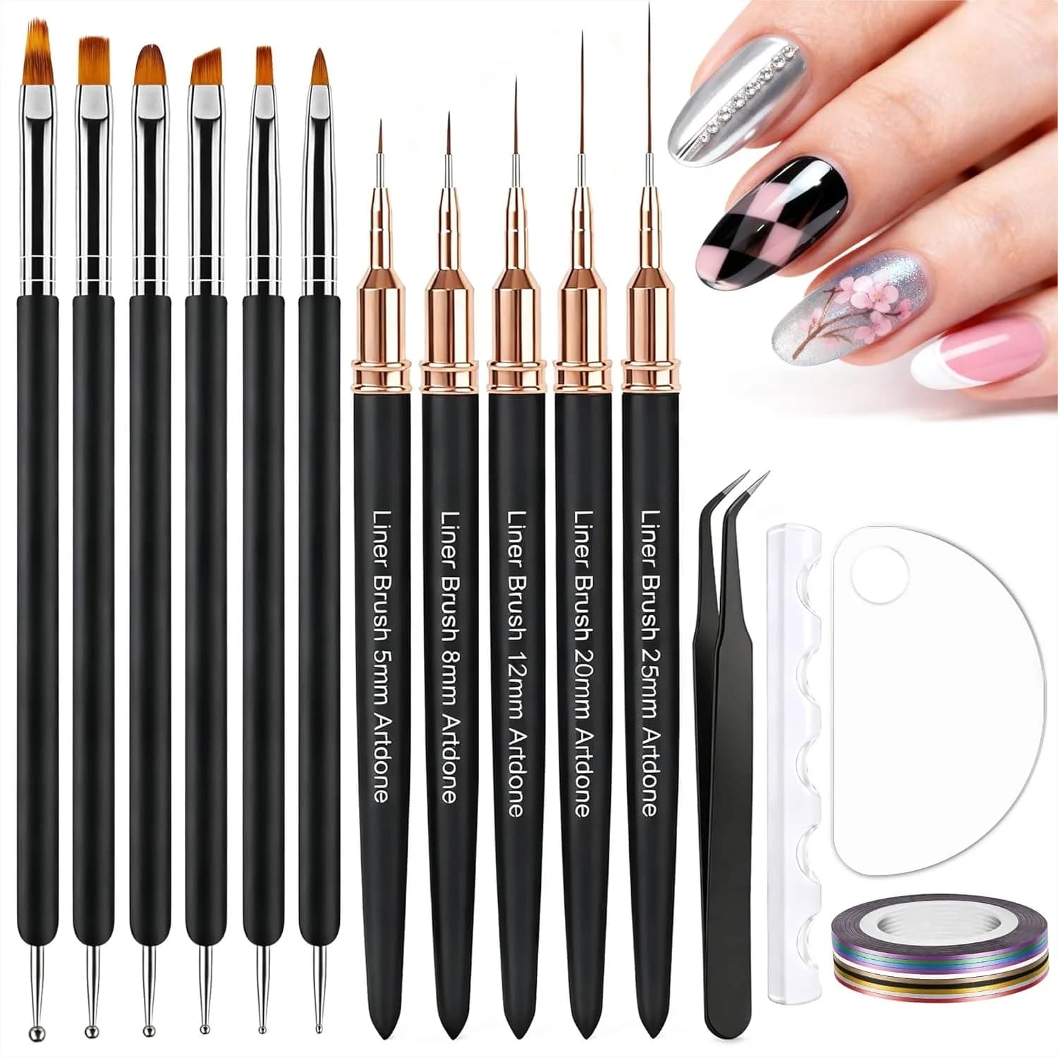 Kit di Strisce Adesive per Unghie con Penne per Nail Art, Strumenti per Punteggiare e Pennelli per Dettagli per Smalto Gel, Disegno di Piccoli Dettagli