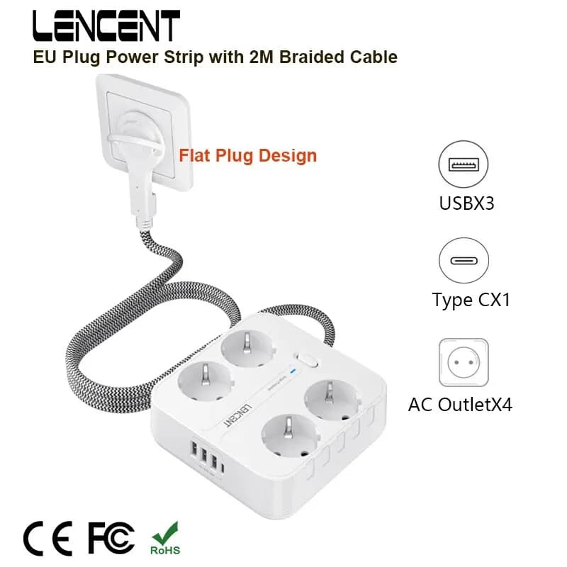 Striscia di alimentazione con spina europea sencent con 4 prese ca + 3 USB + 1 tipo C + 2M/3M cavo intrecciato Multi presa con interruttore per casa/ufficio