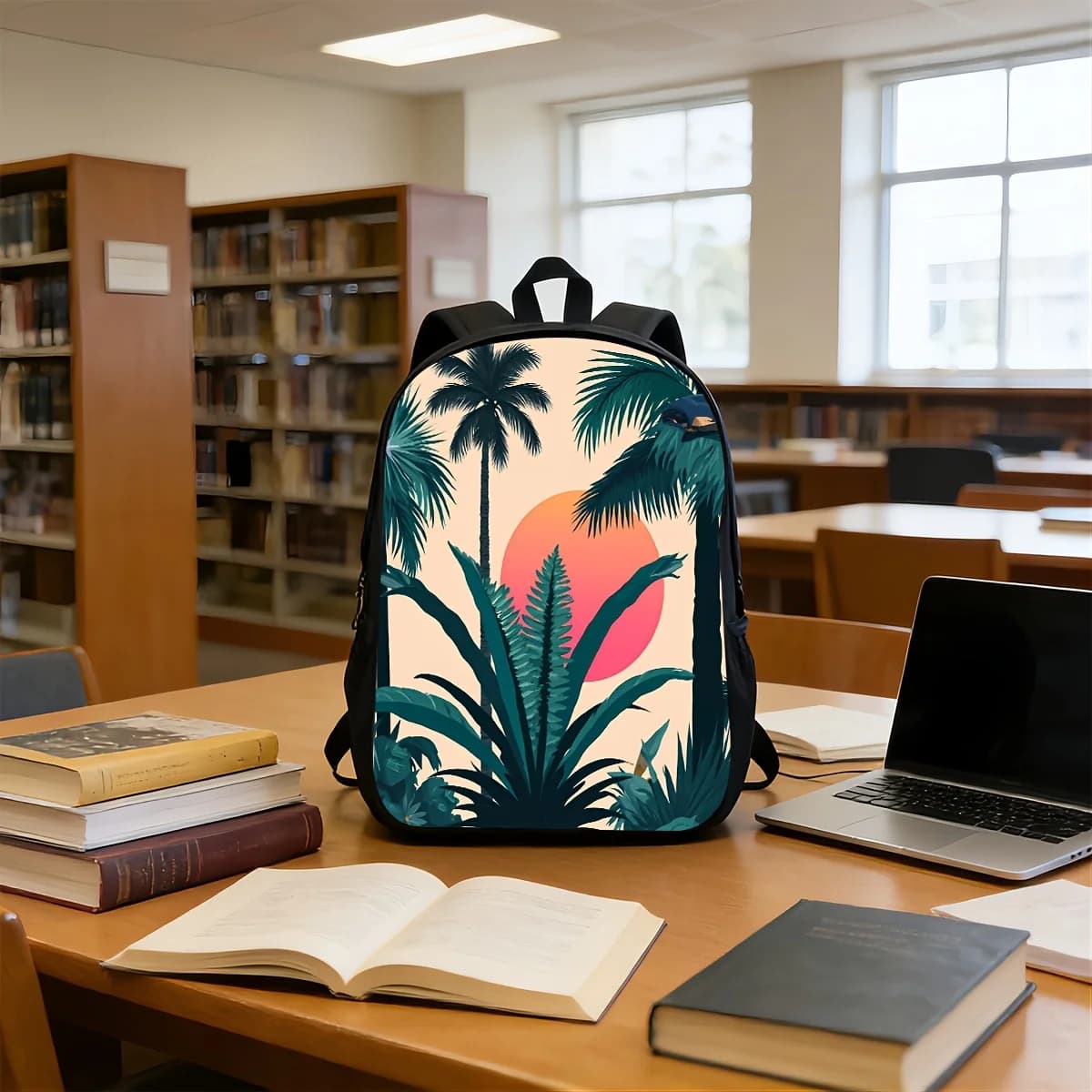 1 piece with tropical plant print and double zipper, backpack, new fashionable backpack for men and women, suitable for party gifts