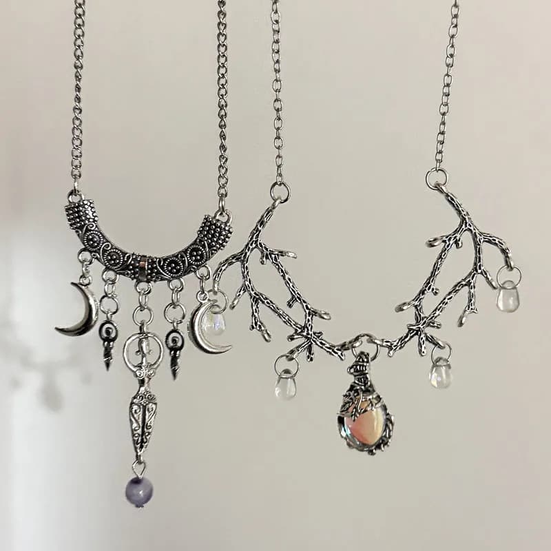 Charm Sliver Color Moon Goddess Purple Crystal Bead Multi-Element Pendant Necklace for Women Halloween Heathen Witch Jewelry