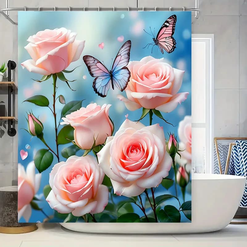 Tenda da doccia decorativa con tappetino da bagno rosa rosa con stampa a farfalla per accessori da bagno, perfetta per regali di nozze o una casa accogliente U