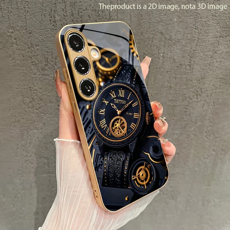 Mechanical Gold Watch Pattern 2D Phone Case for Samsung S26 S25 S24 S23 S22 S21 S20 A56 - Golden Metal Paint Glass Protective Co