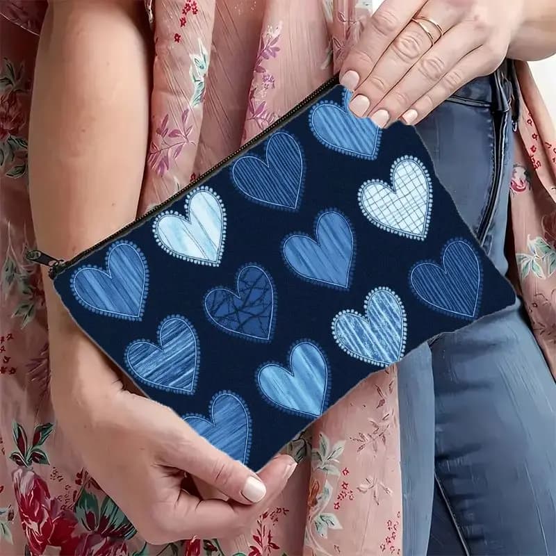 1 borsa per il trucco artistica a forma di cuore blu - Pochette multifunzionale con cerniera per donna, perfetta borsa da viaggio con cerniera, divertente regalo di compleanno
