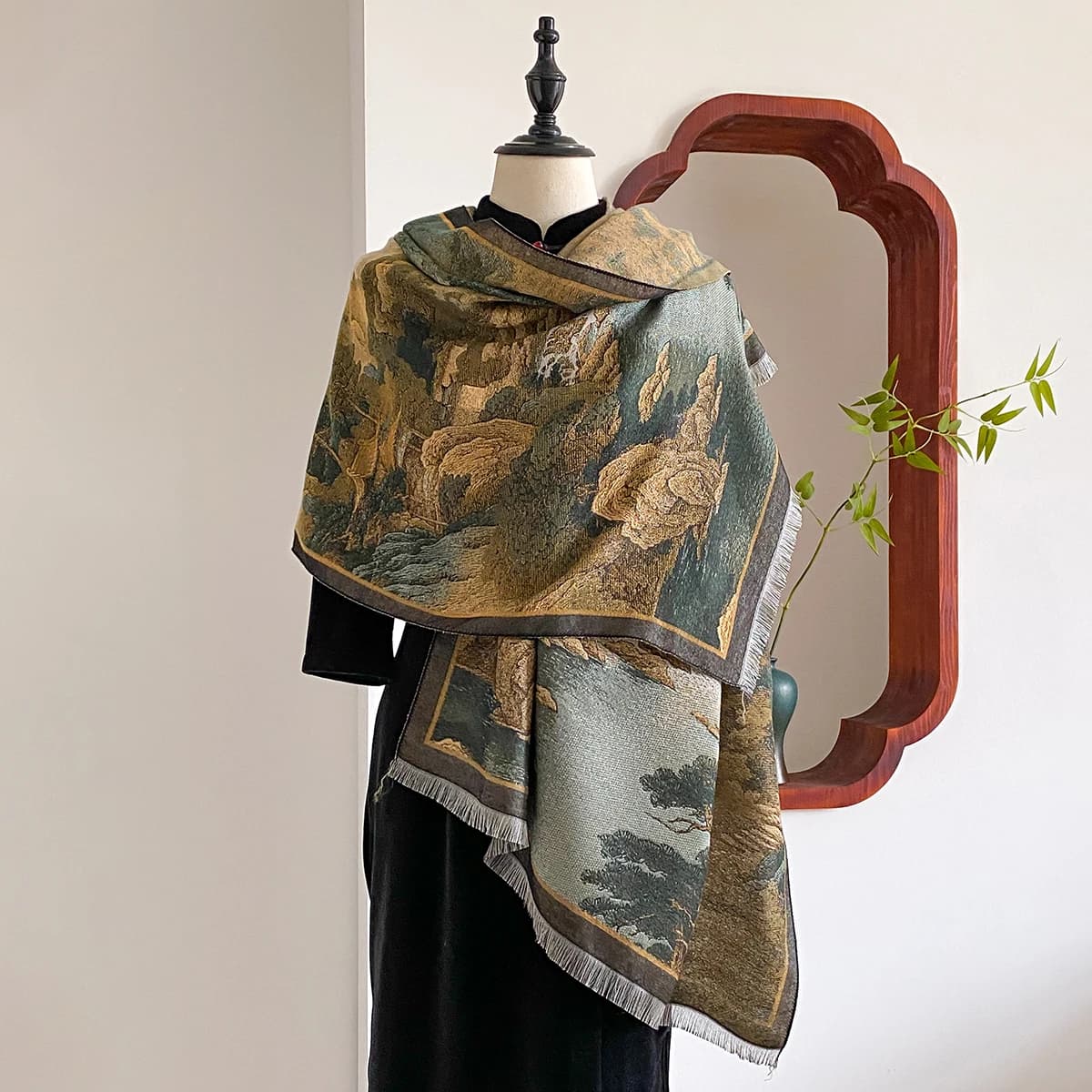 New Chinese Style Landscape Painting Women Scarf Soft Warm Pashmina Shawl Winter Outdoor Coldproof Windproof Blanket Wrap Scarf