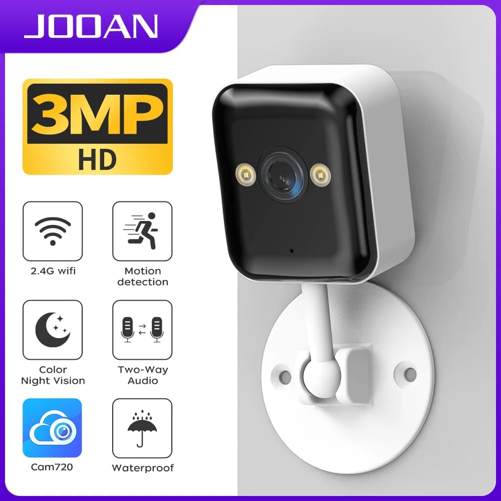JOOAN Telecamera WiFi Mini 3MP per Esterni, Impermeabile, con Rilevamento di Movimento, Audio Bidirezionale, Visione Notturna, Monitoraggio Domestico e per Bambini