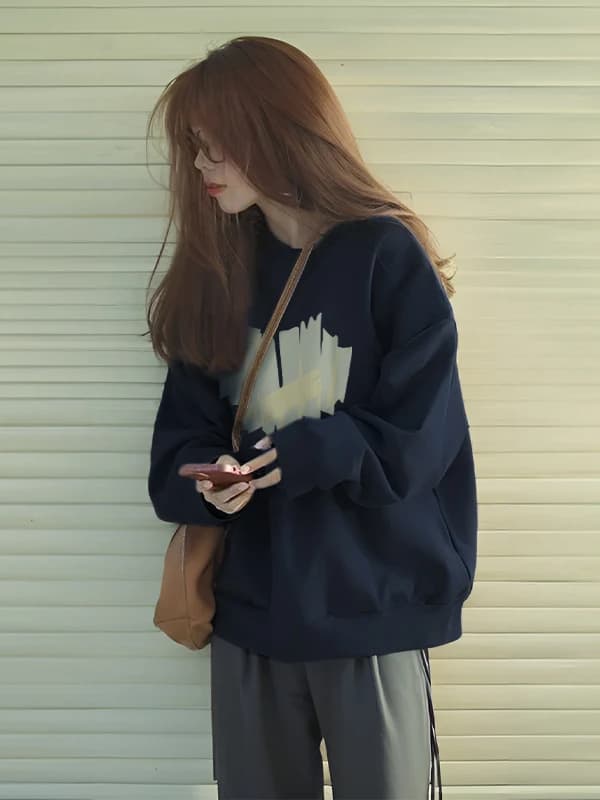 Loose Fit Long Sleeve round Neck Sweatshirt Women's plus Size Thickened Hoodie Korean Style Printed Polyester Fiber Winter Au...