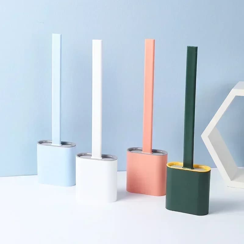 Spazzola per WC a prova di perdite d'acqua con base in silicone, testa piatta, setole morbide e flessibili, con supporto ad asciugatura rapida.