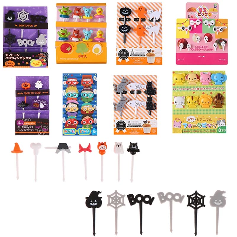 (BF06)6pcs Halloween Skewers Cute Cartoon Eyes Kawaii Lunch Bento Box Food Fruit Picks Fork Stick Buffet Sandwich Toppers