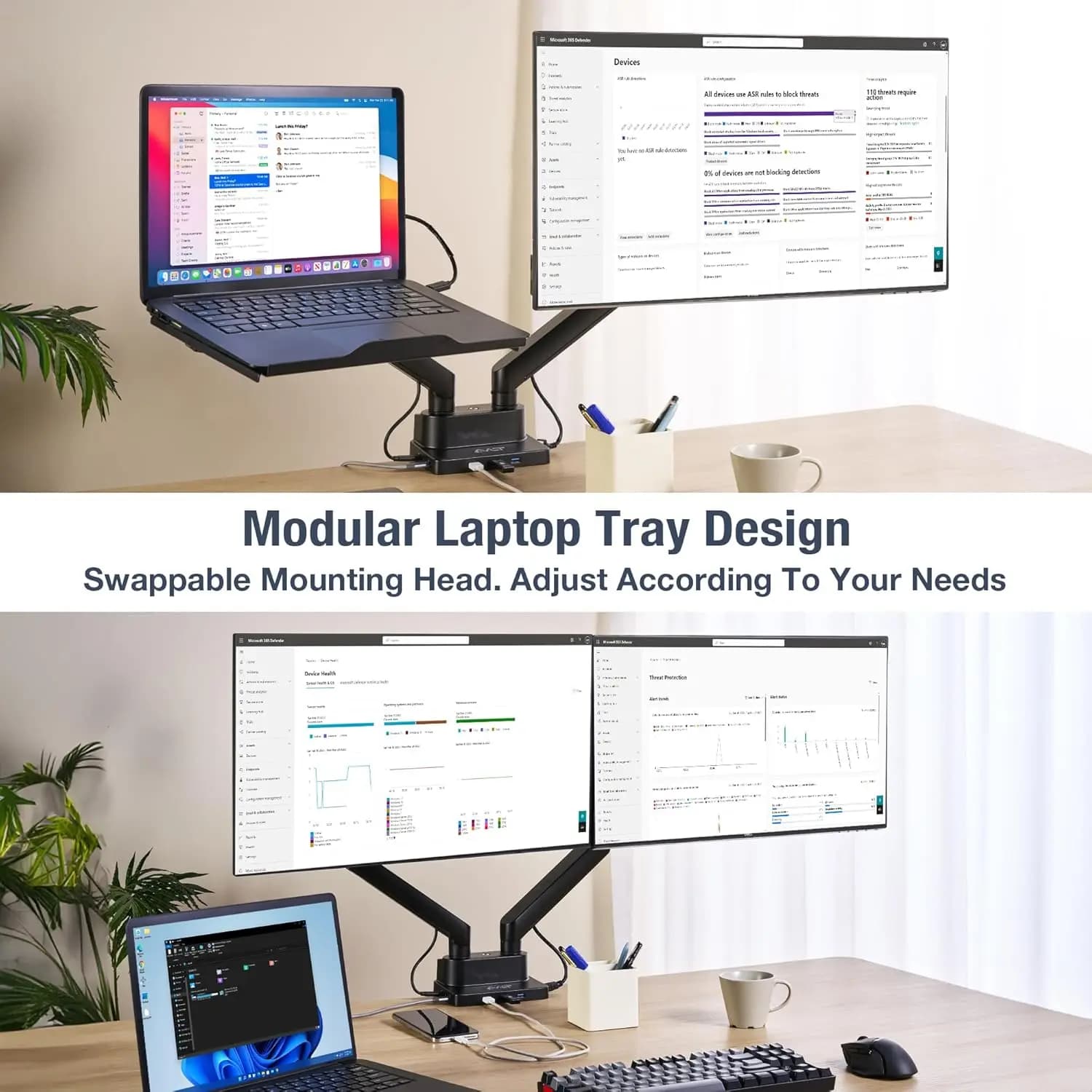 Supporto da tavolo con braccio per monitor doppio da 17"-38" con vassoio per laptop da 17" e docking station USB-C, HDMI 4K60Hz, USB-A 5 Gbps, Ethernet, 100 W PD
