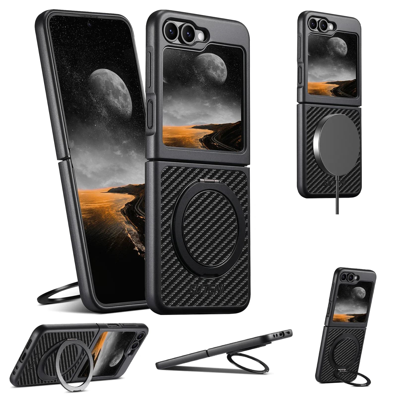 Custodia per cellulare SUTENI con ricarica wireless magnetica a 360° ° Supporto Girevole in Similpelle con Anello per Samsung Galaxy Z Flip 7 6 5