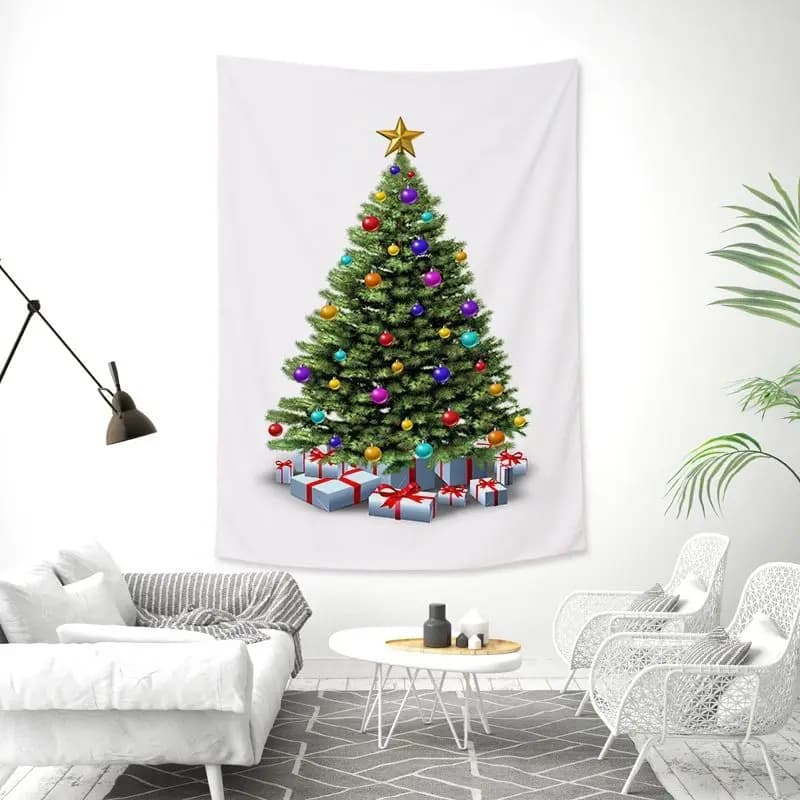 VIKAMA Wall Tapestry Christmas Tree Gold Star Tinsel Red Green Ornaments Modern Home Decor Living Room Bedroom Dorm Festive Soft