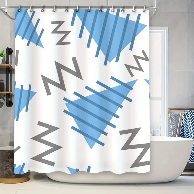 Tenda da doccia dal design geometrico unico, strisce blu grigie con logo Zzz per l'arredamento del bagno, tessuto resistente all'acqua