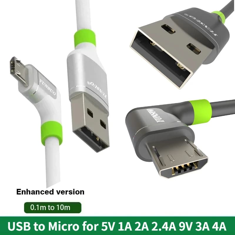 USB 2.0 a Micro Android Gomito 90 gradi 5V 2.4A 9V 3A 4A 20W 40W Cavo dati di ricarica rapida 5m 8m VR Registratore per auto con fotocamera digitale