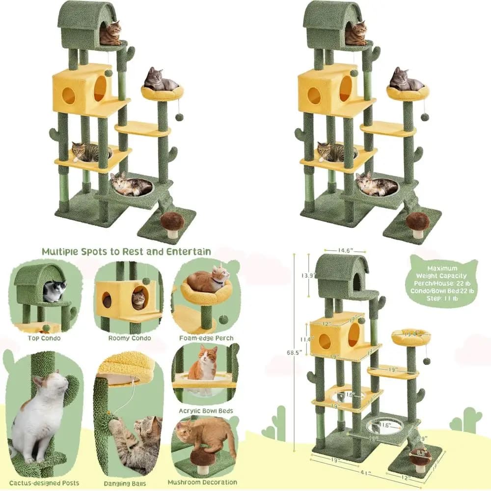 Torre per Gatti Multi-Livello da Interno con 2 Cucce, Tiragraffi, Ciotole e Palline, 174 cm